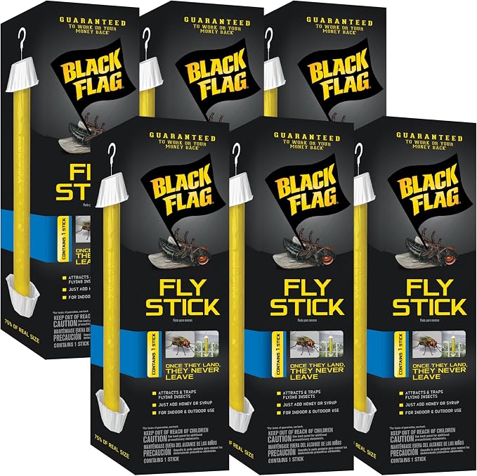 Black Flag Fly Stick, Trap Houseflies and Flying Insects, Pack of 6