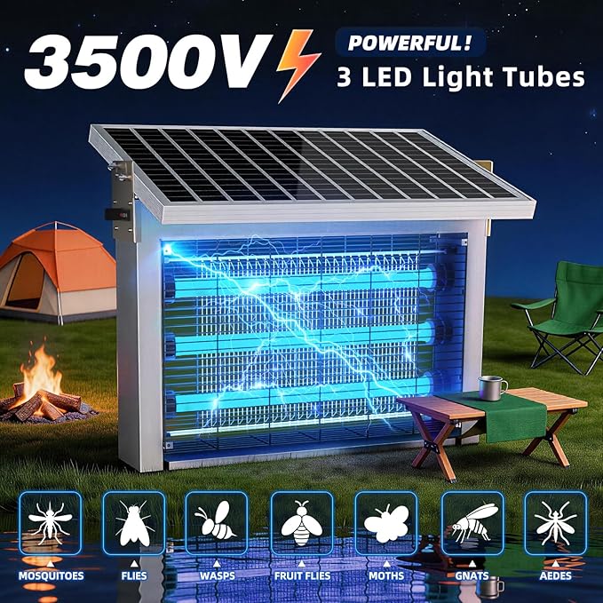 Heavy-Duty Large Solar Bug Zapper Outdoor for 1/4 Arce with 30W Solar Panel | Aluminum Rechargeable Solar Zapper with High Powered, Waterproof Solar Bug Zapper for Patio Garden Backyard Farm Large Places