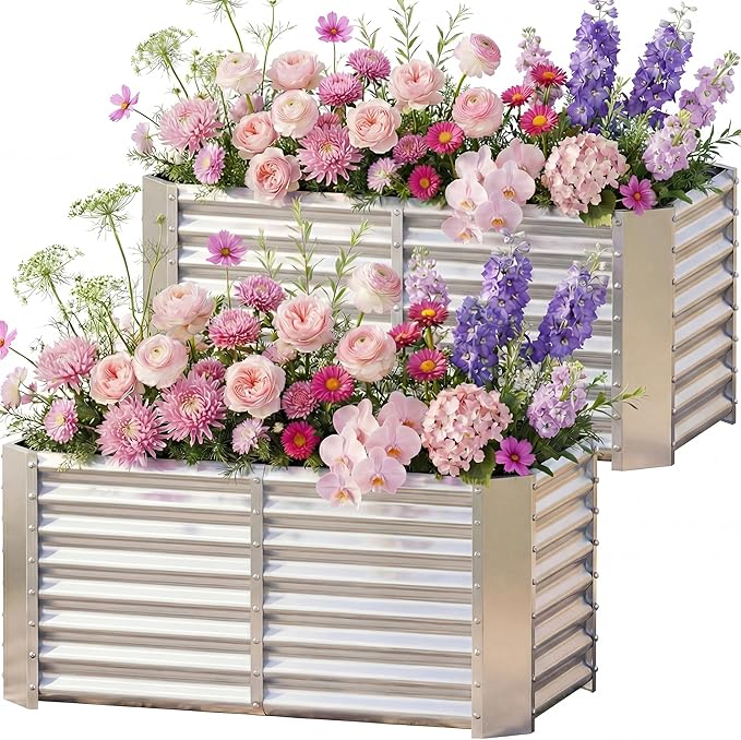 AHEONLAR 2 Pack 4×2×2ft Galvanized Raised Garden Beds, Rectangle Durable Planter Boxes Outdoor for Vegetables, Fruits, Flowers and Plants, Quick Assembly, Silver