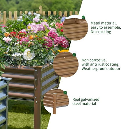 Land Guard Galvanized Raised Garden Bed with Legs, 96×24×32in Raised Garden Beds Outdoor with Drainage Holes, Planter Boxes Outdoor for Backyard, Patio, Balcony, 1200lb Capacity, Brown
