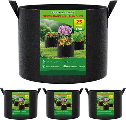 FEED GARDEN 25 Gallon Grow Bags, 4 Pack Heavy Duty 300G Fabric Pots | 300G breathable fabric grow bags with reinforced handles for vegetables, flowers, herbs, fruit trees, and outdoor gardening.