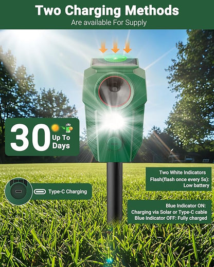 Keep Deer & Cats Away – Solar Ultrasonic Deer Repellent Devices with Motion Sensor & LED Flashing Lights, Waterproof Animal Repeller Outdoor for Yard, Garden & Lawn