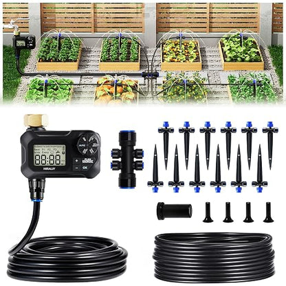 HIRALIY 50FT Automatic Drip Irrigation Kit with Timer, Quick-Connect Garden Watering System with 40FT 1/4" Tubing, 10FT Main Hose, 12 Adjustable Drippers for Patio, Raised Beds & Potted Plants