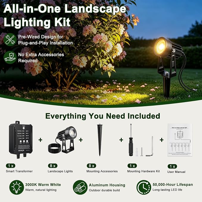All-in-One Low Voltage Landscape Lighting Kit, 8-Pack LED Landscape Lights with Smart Transformer, 70FT Pre-Wired Cable, IP65 Waterproof Outdoor Spotlights, 3000K Warm White for Yard Garden Pathway