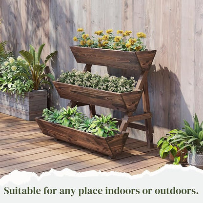 3-Tier Wooden Vertical Raised Garden Bed with Legs, Tiered Planter Box, Vertical Garden Planter,Wood Plant Stand Wood Flower Rack for Patio, Balcony, Freestanding. (Carbonized-Large)