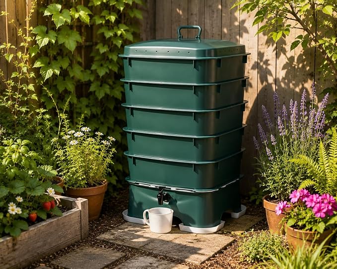 The Original VermiHut® Plus 5-Tray Worm Compost Bin – Indoor & Outdoor Vermicomposting System, Continuous Flow Food Waste Recycler for Organic Composting & Gardening - Dark Green