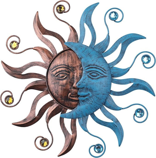 MUMTOP Metal Sun Moon Wall Decor, 13.26 Inch Outdoor Fence Wall Art, Hanging Decoration for Garden Yard Living Room Bedroom Patio Balcony