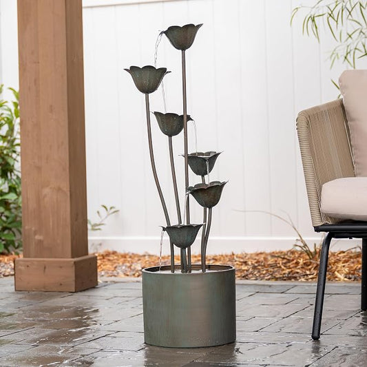 XBrand 35" Tall Silver Metal Sculptural Flower Multi-Tier Freestanding Water Fountain for Indoor & Outdoor Use, Decorative Garden Patio Backyard Water Feature