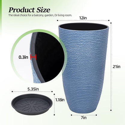 QCQHDU Set of 2 9 Gallon Tall Large planters for Outdoor/Indoor Plants of 12" Dia x 21" H Round Flower Pots Set Faux Stone Finish Front Door Patio Square Porch Planters with Tray, Sky Blue
