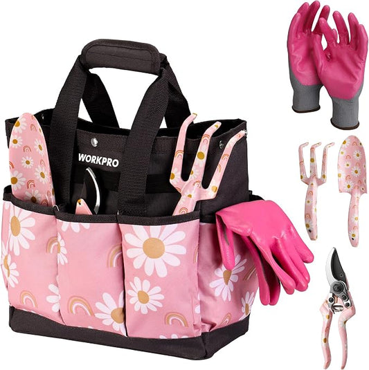 WORKPRO 5PCS Gardening Tools, Aluminum Heavy Duty Garden Tool Set with Bag, Ideal Gardening Gifts for Women-Pink Ribbon