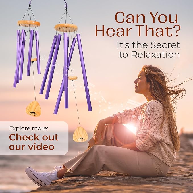 Purple Wind Chimes for Outside Deep Tone, 29 Inch XL Hand Tuned G Major Pentatonic Wind Chime with Decorative Kindness Stone, Outdoor Garden Patio Porch Decor, Meaningful Sympathy Memorial Gift