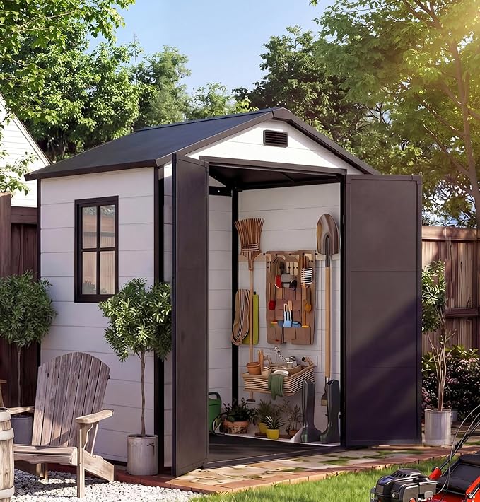 6x4 ft Outdoor Resin Storage Shed with Floor, Lockable Door & Window, Sloping Roof, Plastic Outdoor Sheds with Floor Garden Shed for Backyard Patio Lawn Mower Bike Tool Storage