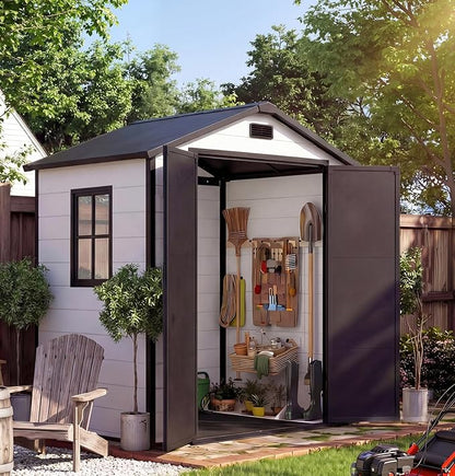 6x4 ft Outdoor Resin Storage Shed with Floor, Lockable Door & Window, Sloping Roof, Plastic Outdoor Sheds with Floor Garden Shed for Backyard Patio Lawn Mower Bike Tool Storage