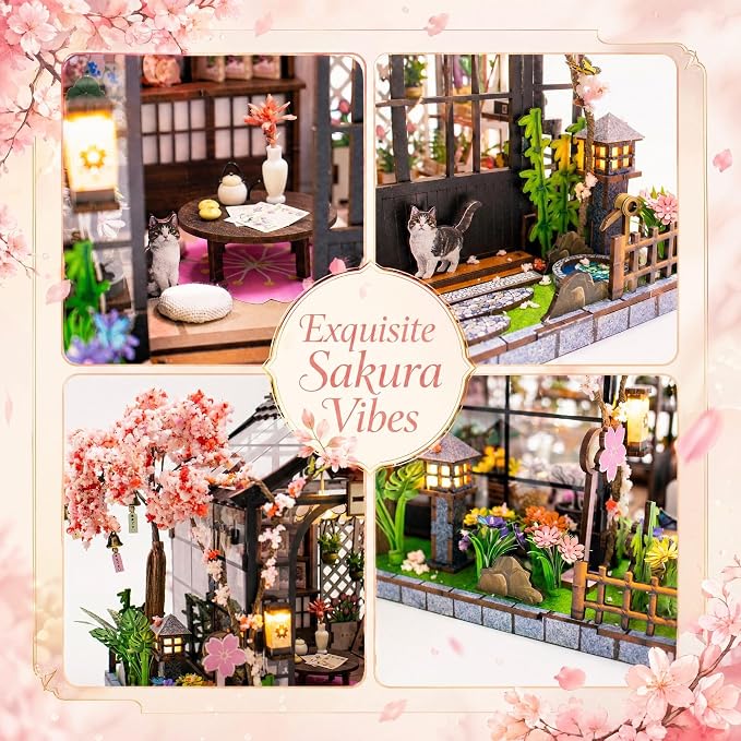 DIY Miniature House Kit, DIY Book Nook with LED Light | 3D Puzzles for Adults and Teens, Building Kits for Bookshelf Decor, Creative Gift for Craft Lovers | Sakura Greenhouse
