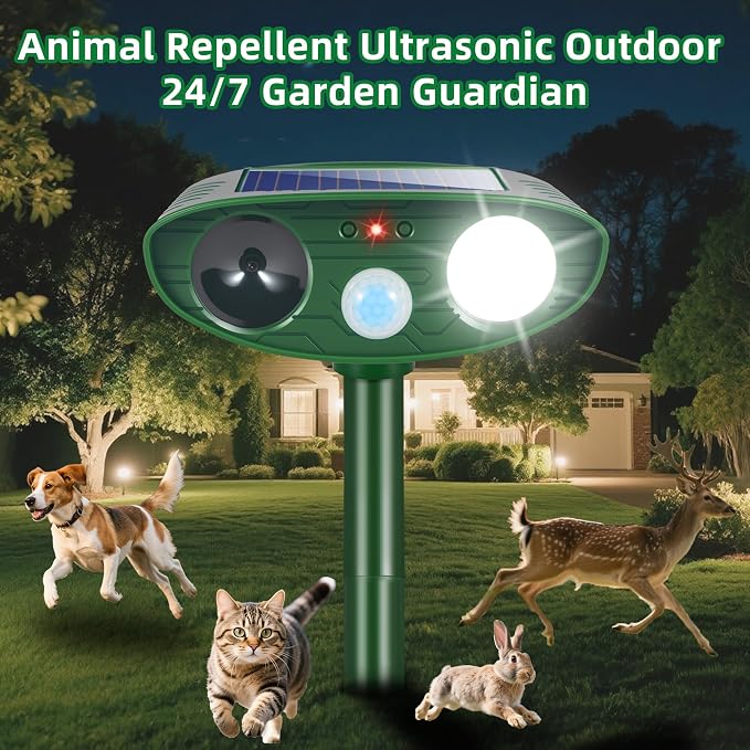 2 Pack New Solar Deer Repellent Devices Ultrasonic Animal Repellent Outdoor for Rabbit,Raccoon,Squirrel,Skunk,Fox,Cat,Motion Sensor&Strobe Light,Waterpfoof Sonic Fortress Pro Deterrent for Garden Yard