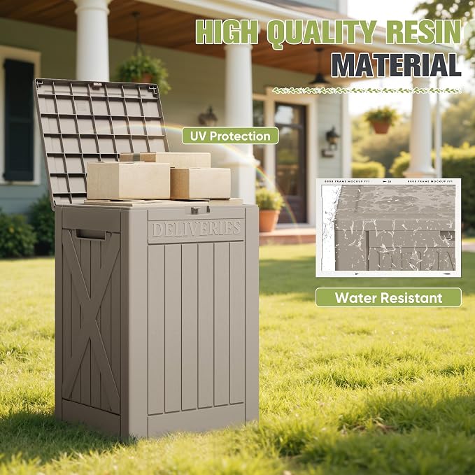 Greesum 48 Gallon Outdoor Package Delivery Box with Lock, Waterproof Secure Parcel Drop Box for Porch, Double-Wall Resin Storage, Light Coffee