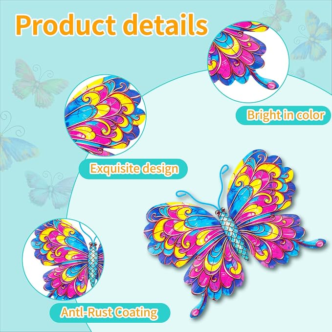 Junware 4 Pieces Metal Butterfly Wall Art Decor - 6.2" Outdoor Fence Wall Sculpture Decor, Hanging Decoration for Garden Yard Living Room Bedroom Patio Balcony, Nice Gift for Mom Friend