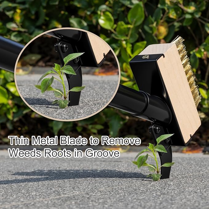 Mitclear Weed Moss Remover Brush with Long Handle(57IN), Crack Weeder Moss Removal Tool with Wire Brush & Scraper, Weed Puller Crevice Cleaning, Remove Weeds on Roof Deck Driveway Paver(4 Brushes)