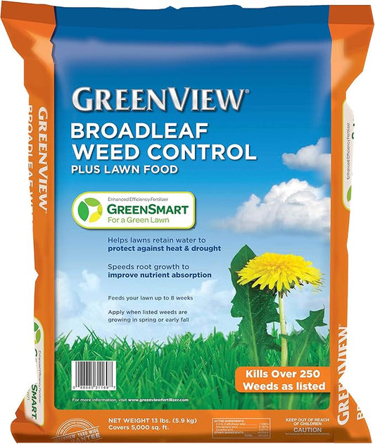 GreenView Weed and Feed 13 lb. Bag, Covers 5,000 sq. ft. | Kills 250 Plus Weeds - 27-0-4 NPK formula - Provides 8 weeks of feeding