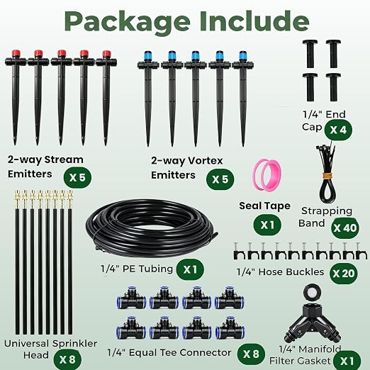 120FT Drip Irrigation System for Garden: Quick Connect 1/4" PE Tubing 18Pcs Automatic Water Sprinkler Kit Adjustable Misting Part Watering Hose, Outdoor Raised Bed Plants Flower Yard Greenhouse