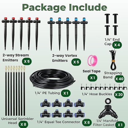 120FT Drip Irrigation System for Garden: Quick Connect 1/4" PE Tubing 18Pcs Automatic Water Sprinkler Kit Adjustable Misting Part Watering Hose, Outdoor Raised Bed Plants Flower Yard Greenhouse