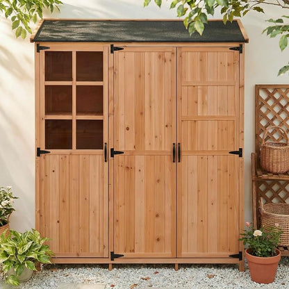 Merax Outdoor Wood Large Patio Garden Storage Shed with Waterproof Roof, 3 Doors Storage Cabinet with Workstation, 7 Storage Shelves, 2 Drawers and 6 Hooks for Backyard, Natural