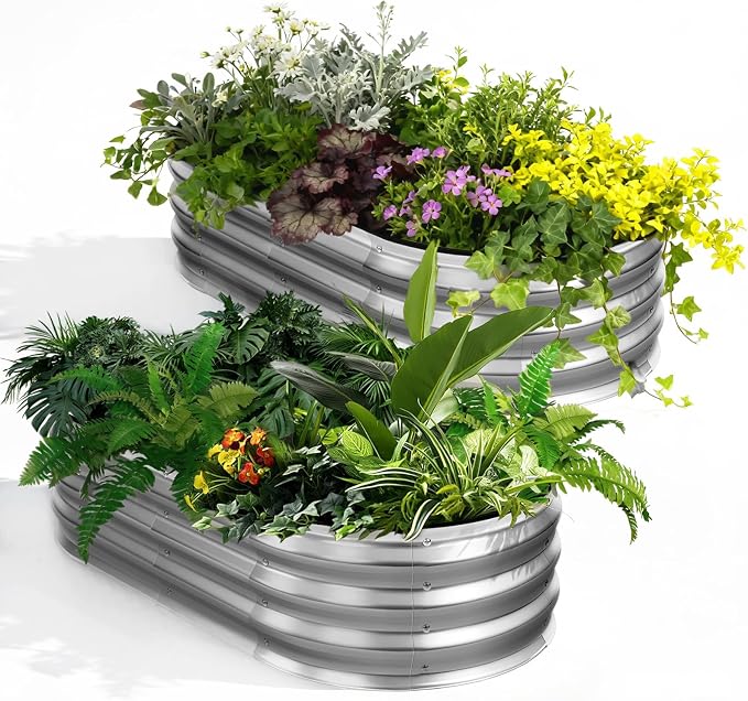 NEWBULIG Galvanized Raised Garden Bed Outdoor, 4x2x1ft 2 Pack Metal Planter Box for Vegetables Flowers Herbs, Heavy-Duty Oval Raised Flower Bed for Gardening, Open Bottom, Easy Assembly, Safe Edges