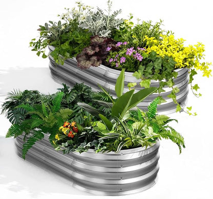 NEWBULIG Galvanized Raised Garden Bed Outdoor, 4x2x1ft 2 Pack Metal Planter Box for Vegetables Flowers Herbs, Heavy-Duty Oval Raised Flower Bed for Gardening, Open Bottom, Easy Assembly, Safe Edges