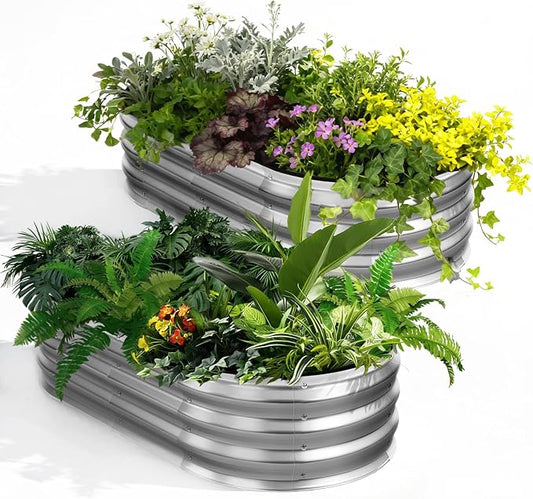 NEWBULIG Galvanized Raised Garden Bed Outdoor, 4x2x1ft 2 Pack Metal Planter Box for Vegetables Flowers Herbs, Heavy-Duty Oval Raised Flower Bed for Gardening, Open Bottom, Easy Assembly, Safe Edges