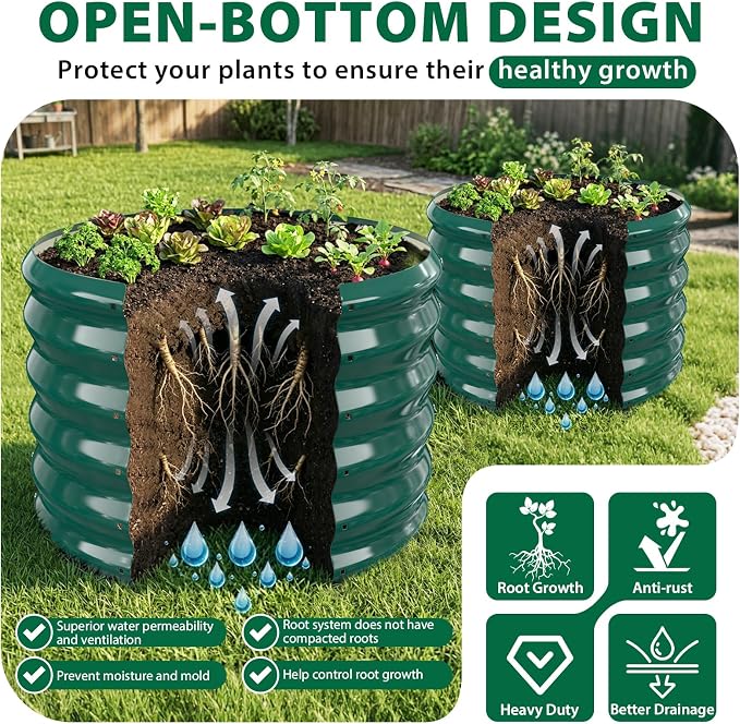 24" Diameter Round Raised Garden Bed - 17 Inch Tall, Heavy-Duty Galvanized Steel Planter Box with Wave-Shaped Panels for Vegetables, Herbs & Flowers (2, Green, 24 Inch Diameter)