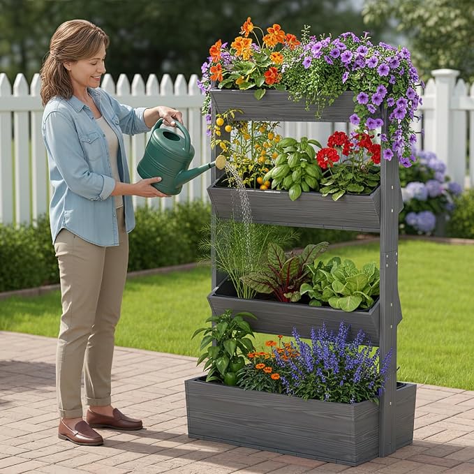 Wooden Vertical Raised Garden Bed, 4 Tier Garden Planters Raised Beds Freestanding Plant Stand Flower Rack Wooden Planter Box for Plants Herbs Flowers Vegetables Outdoor Indoor Gardening