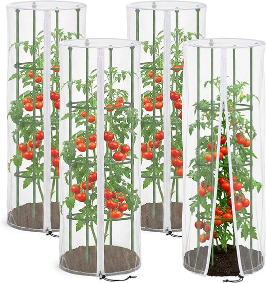 4 Pcs Garden Bird Netting Cover for Round Tomato Cage, 59" x 18" Tomato Trellis Insect Barrier Protection Mesh, Plant Cage Garden Net Cover with Zipper for Vertical Climbing Plants Vegetables Fruits