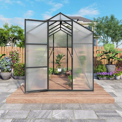 6x8 FT Greenhouse, Walk-in Heavy Duty Polycarbonate Outdoor Greenhouses with Raised Base & Anchor, Height-Enhanced Aluminum Frame, & Drainage System for Backyard All Season Growing, Black