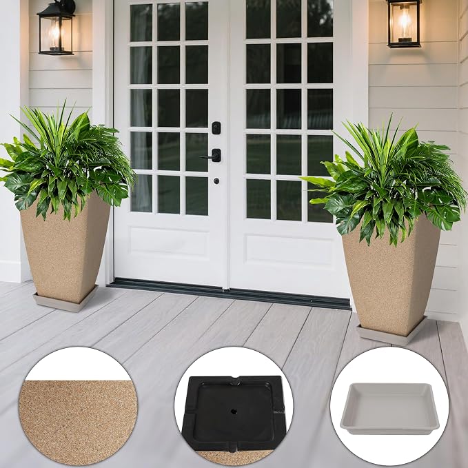 Neoaider Set of 2 Tall Planter, 21 inch Large Plastic Planter, Marble | Ceramic-Look, Lightweight, Built-in Drain Hole, Saucers, Tall Outdoor Planter for Porch, Garden, Patio, Balcony