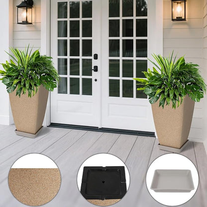 Neoaider Set of 2 Tall Planter, 21 inch Large Plastic Planter, Marble | Ceramic-Look, Lightweight, Built-in Drain Hole, Saucers, Tall Outdoor Planter for Porch, Garden, Patio, Balcony