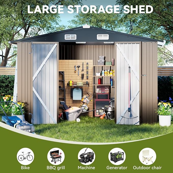 COMHOMA Shed Outdoor Storage Shed Metal,Lockable Doors Tool Sheds with Sloping Roof,Steel Garden Shed with Air Vent for Backyard,Patio,Lawn,Poolside (Brown, 10'x12') | Sloping Roof and Air Vent Perfect for Backyard Patio Lawn and Poolside