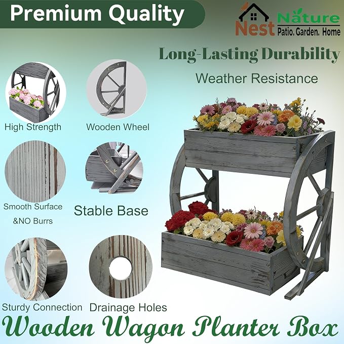 NestNature Wooden Wagon Planter Box|Rustic Planter Use On Indoor&Outdoor | 2-Tier Medium Solid Wood Planter-Flower Pot Use On Patio,Porch,Garden-Raised Garden Bed For Succulents, Herbs, Vegetables