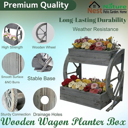 NestNature Wooden Wagon Planter Box|Rustic Planter Use On Indoor&Outdoor | 2-Tier Medium Solid Wood Planter-Flower Pot Use On Patio,Porch,Garden-Raised Garden Bed For Succulents, Herbs, Vegetables