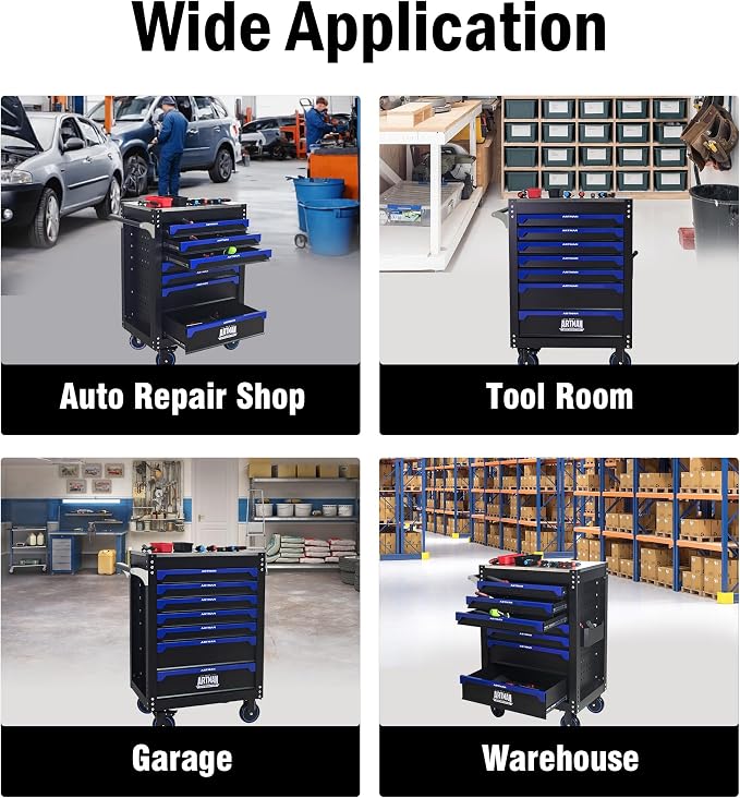 7-Drawer Rolling Tool Chest, Iron Top for Garage, Black&Blue | Heavy Duty Mobile Tool Cabinet with Drawers, Large Metal Tool Box Organizer for Repair Shop and Storage