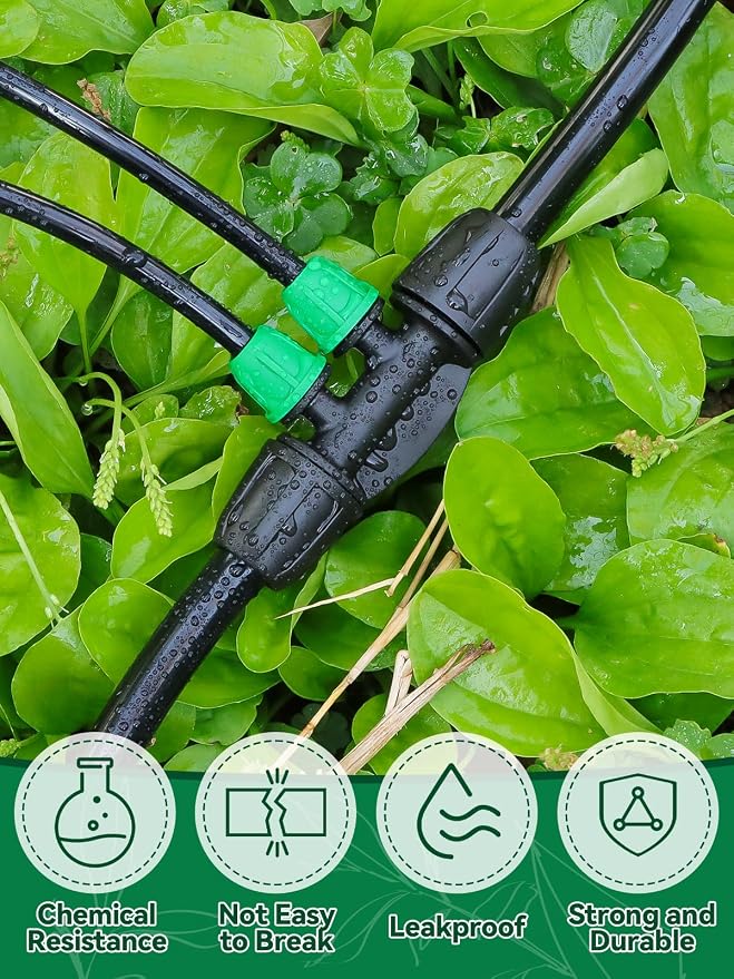 Kalolary 20PCS Locked Barbed Tee Connectors, 5/16" to 1/4" Drip Irrigation Fittings Kit 8/12mm to 4/7mm Tube Lock Female Connector 4-Way Barbed Lock Irrigation Parts for Watering System (Black Green)