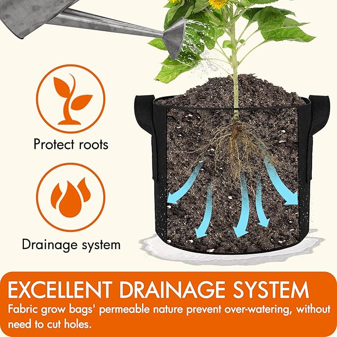Gardzen 10-Pack 2 Gallon Grow Bags, 300G Thickened Fabric Grow Bags with Handles, Heavy Duty Aeration Plant Grow Bags