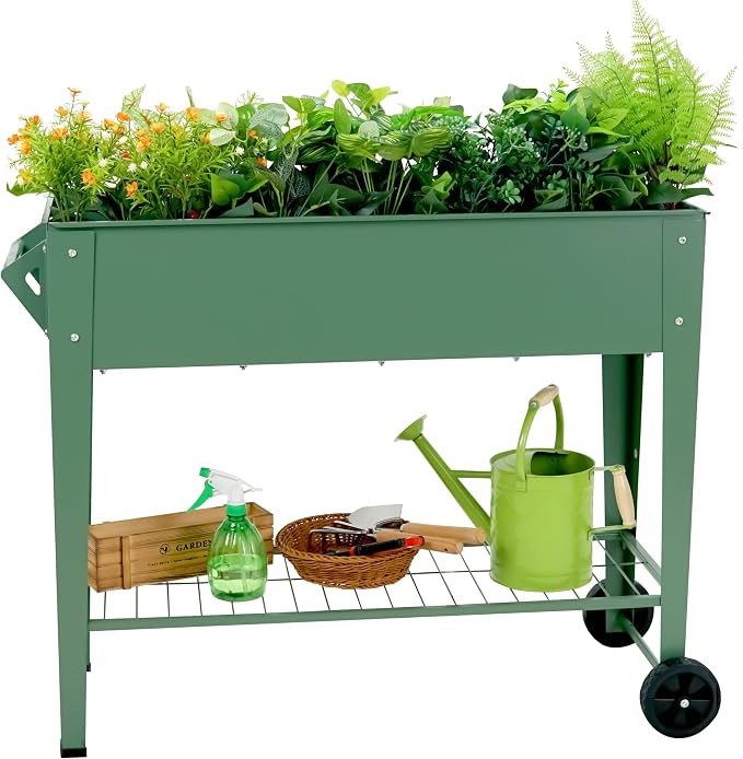 Raised Garden Bed with Legs and Wheels, Metal Outdoor, Green | Steel Frame, 400lb Capacity, 32in Tall No Bending, 2 Large Wheels, Bottom Shelf, Drainage Holes, Herb Vegetable Planter Box