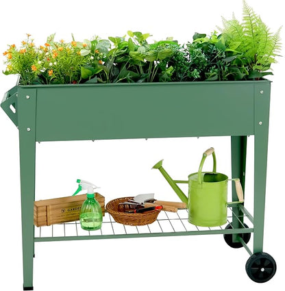 Raised Garden Bed with Legs and Wheels, Metal Outdoor, Green | Steel Frame, 400lb Capacity, 32in Tall No Bending, 2 Large Wheels, Bottom Shelf, Drainage Holes, Herb Vegetable Planter Box