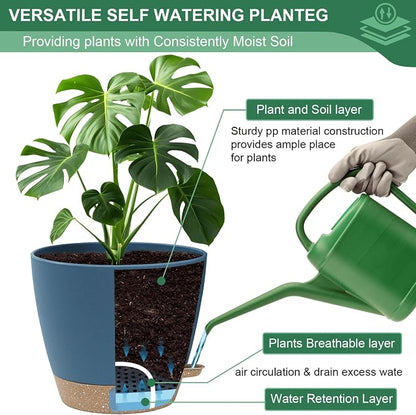 montresor 5-Pack Self Watering Pots for Indoor Outdoor Plants, 10/9/8/7/6.5Inch PP Plastic Planters for Outdoor Plants with Water Level Indicator & Drainage, Self Watering Outdoor Planters (Blue)