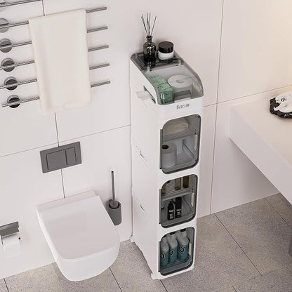 BINSIO 4-Tiers Toilet Paper Storage, Slim Bathroom Organizers and Storage, Bathroom Counter Organizer, Bathroom Organizer Storage Cabinet, Portable Laundry Room Organization, Plastic White Clear Doors