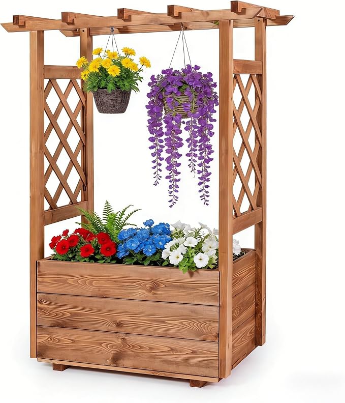 HAPPYGRILL Raised Garden Bed with Trellis, 31” x 16” x 41” Wood Elevated Planter Box with Roof, Freestanding Garden Planter for Climbing Plants Vines Flowers Herbs (1)