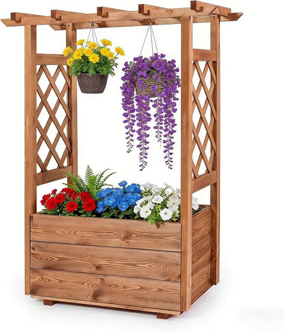 HAPPYGRILL Raised Garden Bed with Trellis, 31” x 16” x 41” Wood Elevated Planter Box with Roof, Freestanding Garden Planter for Climbing Plants Vines Flowers Herbs (1)
