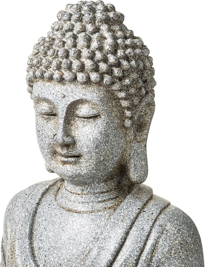 Glitzhome 20.5" Zen Buddha Fountain, Outdoor Water Fountain with LED Light, Polyresin Stone Powder Concrete Finish Meditating Buddha Statue for Garden Patio Yard Deck, 4 Warm LED Lights