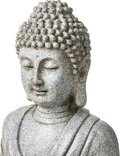 Glitzhome 20.5" Zen Buddha Fountain, Outdoor Water Fountain with LED Light, Polyresin Stone Powder Concrete Finish Meditating Buddha Statue for Garden Patio Yard Deck, 4 Warm LED Lights
