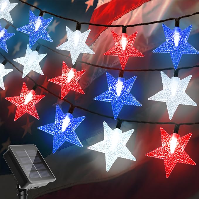 4th of July Twinkle Solar Star String Lights Outdoor 39FT/100L Fairy Lights | Red White and Blue 8 Modes Independence Day President Day Memorial Day